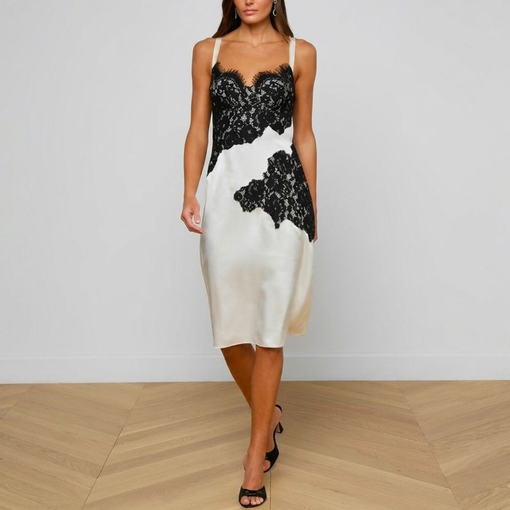 L'agence Fenna Silk Lace Slip Dress Ivory Black Size 2